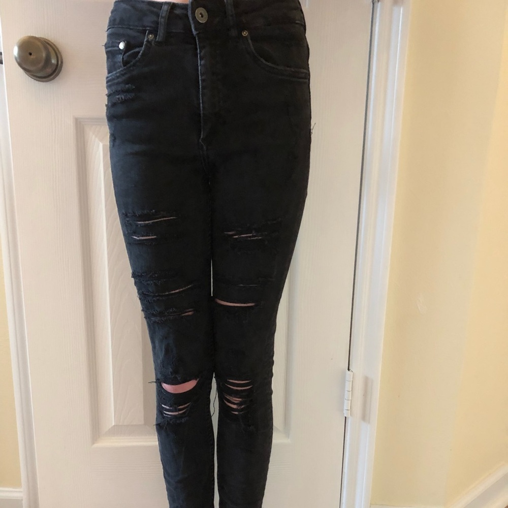H&M super skinny ripped high waisted black jeans